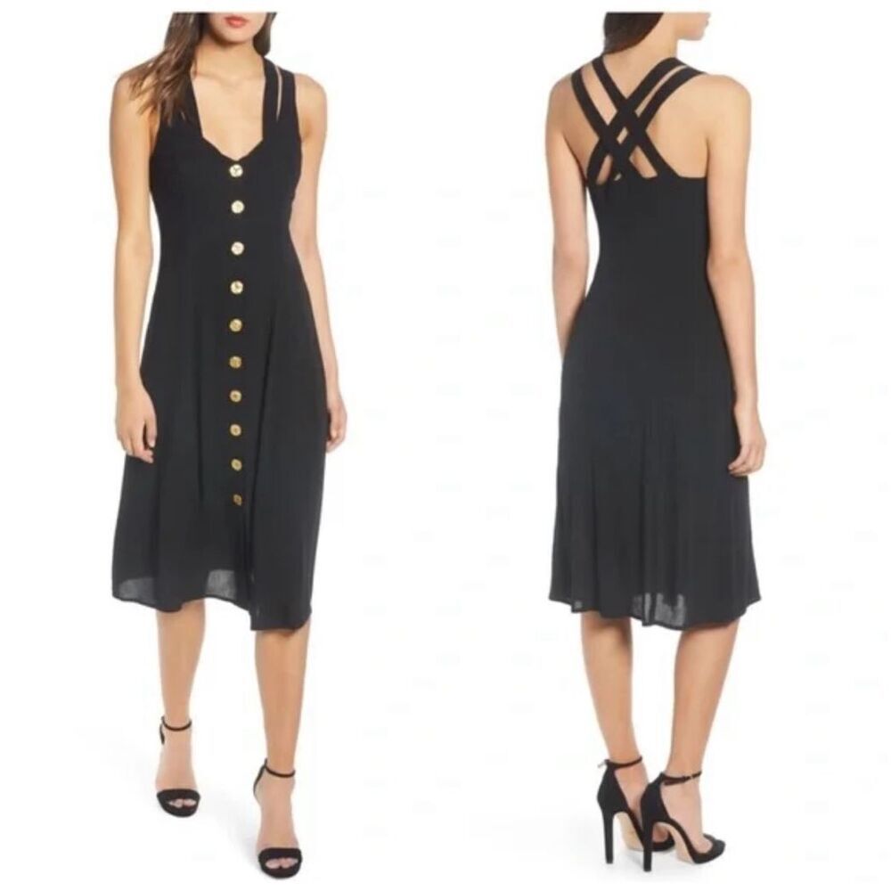 ROW A Black Strappy gold Button Down Midi Dress Size Small